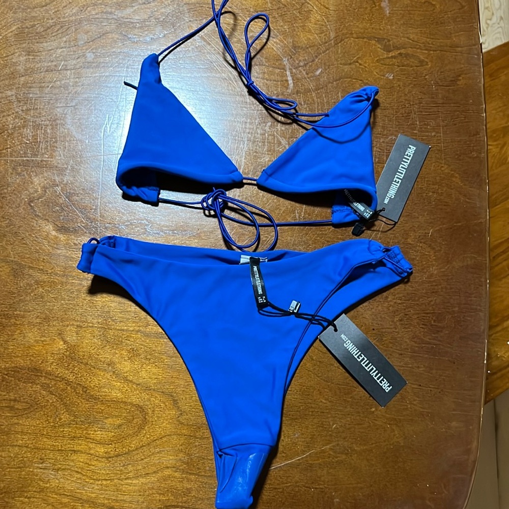 Pretty Little Thing shock cord bikini top & bottom, cobalt blue